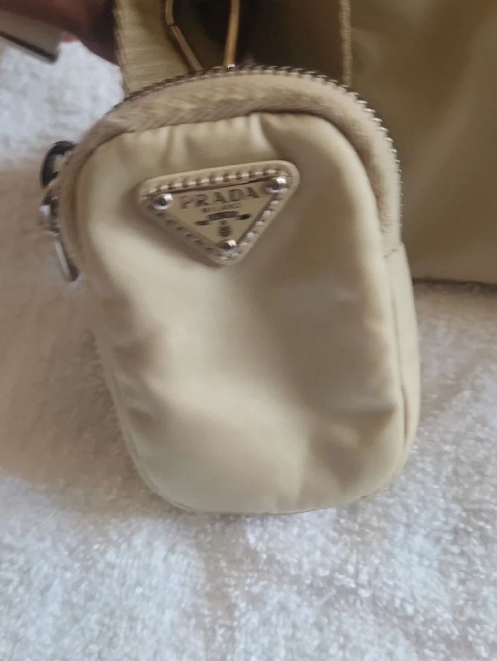 Prada Light Beige Nylon Shoulder Bag with Silver Chain